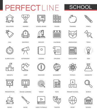 Okul eğitim ince çizgi web simgeler kümesi. Anahat simgesi tasarım.