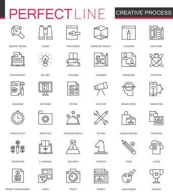 Yaratıcı sürecin ince çizgi web simgeler kümesi. Anahat simgesi tasarım.