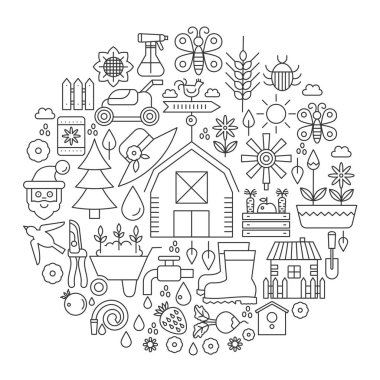 Bahçe daire - kavram çizgi vektör çizim kapak, amblem, rozeti için. Bahçe aletleri ve donanımları ince çizgi kontur Icons set.