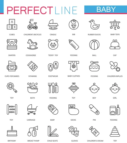 Brinquedos de cuidados com o bebê, criança alimentando linha fina web ícones conjunto. design de ícone de contorno de curso . —  Vetores de Stock