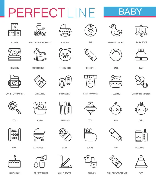 베이비 케어 장난감, 아이 먹이 얇은 라인 웹 아이콘 설정 합니다. 스트로크 윤곽선 아이콘 디자인. — 스톡 벡터
