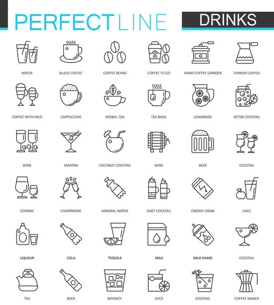 ดื่มชุดไอคอนเว็บเส้นบาง ๆ การออกแบบไอคอนสโตรคเครื่องดื่ม . — ภาพเวกเตอร์สต็อก
