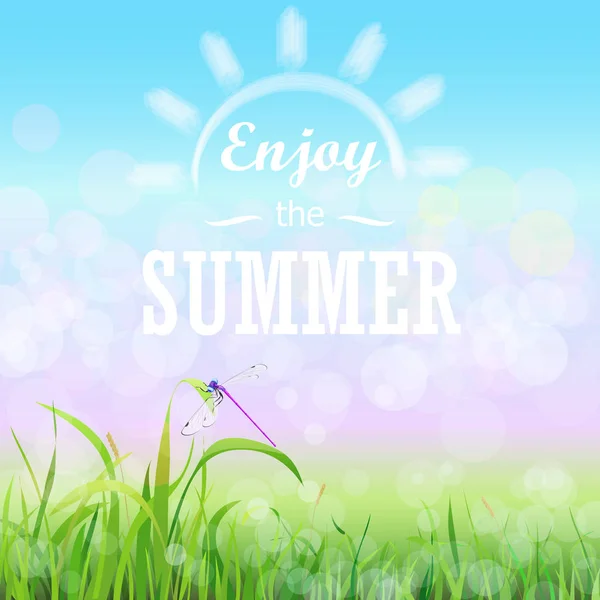 Grönt gräs gräsmatta med bokeh blå himmel. Njut av sommaren text på blommig karaktär sommaren våren bakgrunden. — Stock vektor