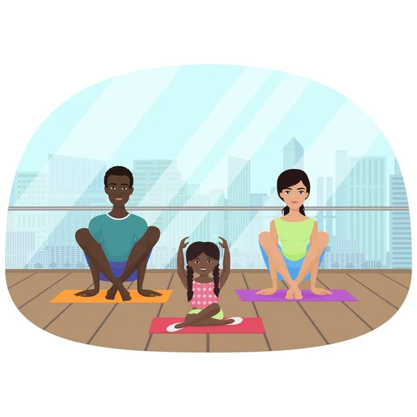 矢量图的多民族的大家庭中冥想在城市背景下的健身室. — 图库矢量图片