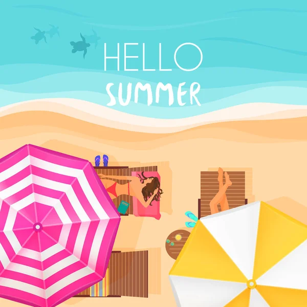 People relaxing by the ocean with hello summer words. Vector illustration. Exotic summer vacation top view banner, poster, flyer, card, postcard, cover brochure. — Stock Vector