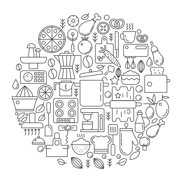 주방 도구 및 원-덮개, 휘장, 배지 개념 선 벡터 일러스트 레이 션에에서 장비. 개요 아이콘 세트. — 스톡 벡터