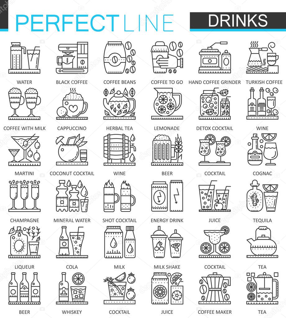 Drinks outline concept symbols. Perfect thin line icons. Alcohol, tea and coffee modern linear style illustrations set.