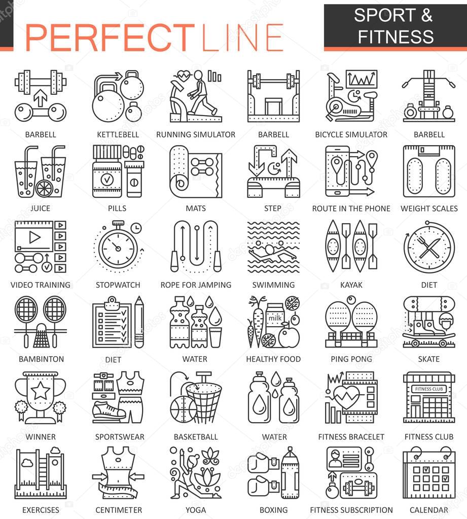 Sport and fitness outline concept symbols. Perfect thin line icons. Modern linear style illustrations set.
