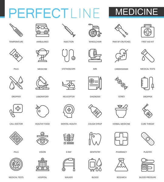 Médicos e cuidados de saúde linha fina web ícones conjunto. Desenho de ícone de traço . — Vetor de Stock