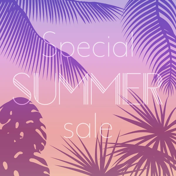 Vektor Illustration Poster von speziellen Sommerschlussverkauf Text auf dem Hintergrund des Sonnenuntergangs von Palmblättern Silhouetten. — Stockvektor