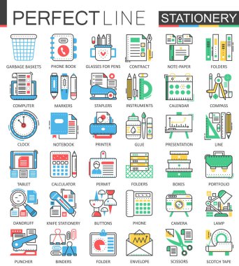 Ofis Kırtasiye - çağdaş düz çizgi kavramı sembolleri. Renk anahat stili illüstrasyonlar kümesi.
