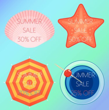 Vektör çizimler bir kabuk, yıldız, şemsiye ve kokteyl yaz satış metnin kümesi. Üstten Görünüm.