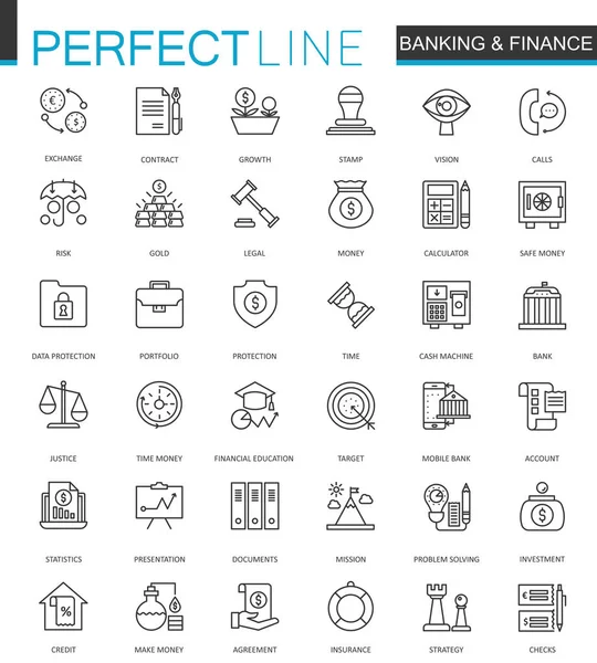 Conjunto de iconos web de línea delgada de finanzas y banca. Diseño del icono de trazo de contorno . — Archivo Imágenes Vectoriales