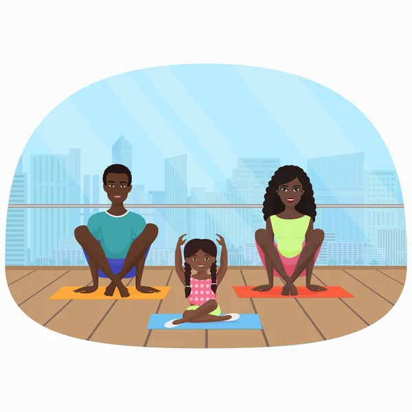 Векторна ілюстрація чорно-африканської сім'ї, що медитує у фітнес-кімнаті на сучасному міському фоні . — стоковий вектор