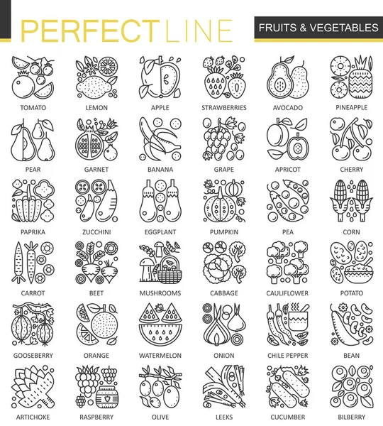 Obst und Gemüse streichen umrissene Konzeptsymbole. Perfekte dünne Linie Symbole. moderne lineare Illustrationen gesetzt. — Stockvektor