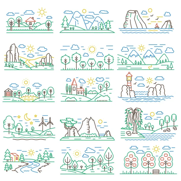 Natureza cor linha paisagens definidas com montanhas, campos florestais e rio. Ilustração vetorial . —  Vetores de Stock