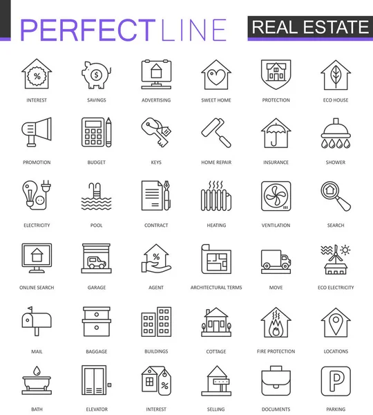 不動産細い線 web アイコンを設定します。ストローク アイコンのデザインを概要します。. — ストックベクタ