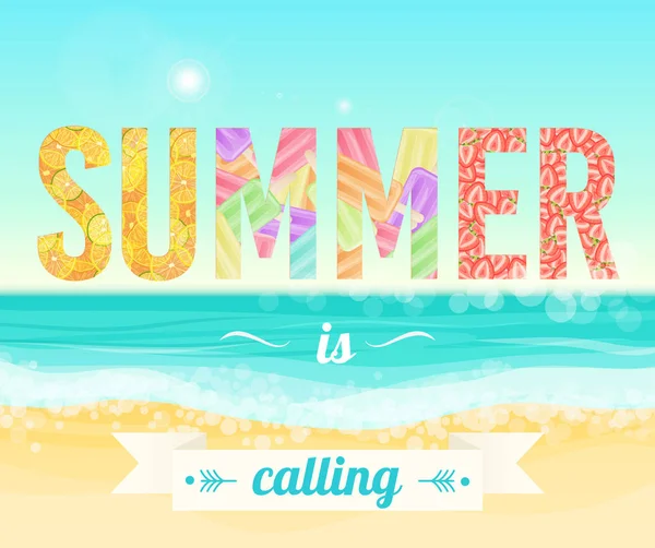 Färgglad sommar ringer orden på bakgrunden av sea beach. Exotiska banderoll, affisch, flyer, kort, vykort, omslag broschyr vektorillustration. — Stock vektor