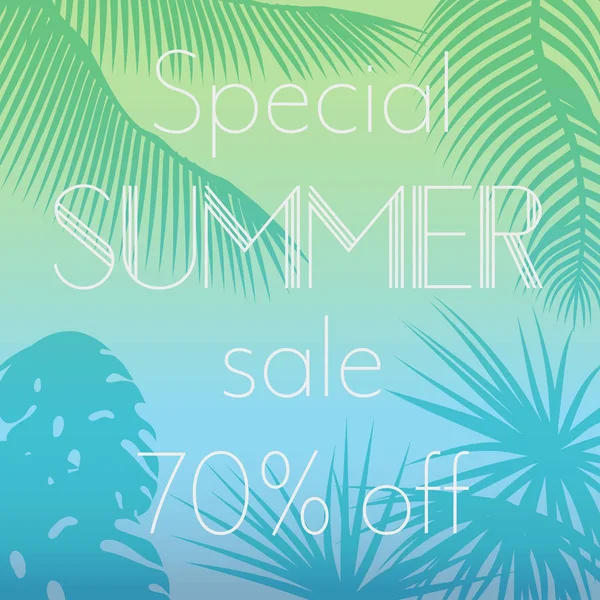 Vektorillustration av speciell sommar försäljning text på bakgrunden av palm lämnar siluetter exotiska banderoll, affisch, flyer, kort, vykort, omslag broschyr. — Stock vektor