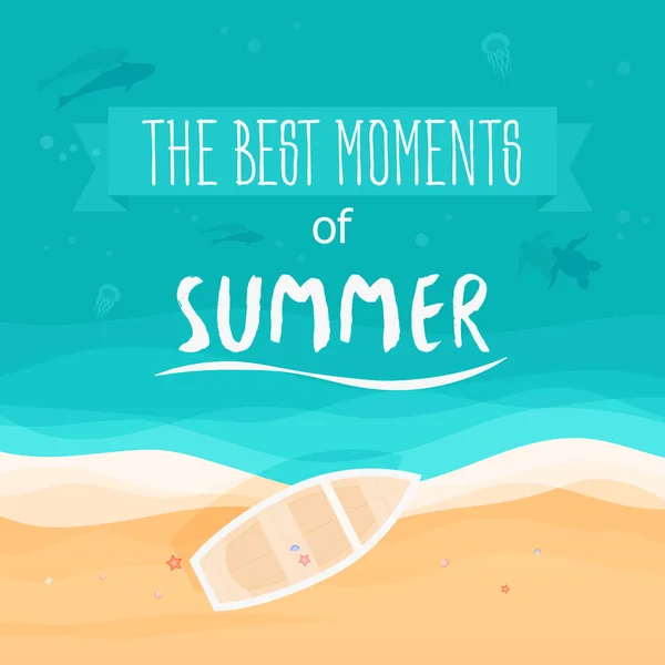 Topp med utsikt över havet, båten, strand med sand. Ovanifrån. De bästa ögonblicken i sommar. Vektorillustration. — Stock vektor