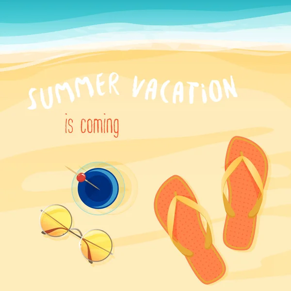 Vector illustration of summer vacation is coming text with sunglasses, cocktail, and beach shoes. — Stock Vector