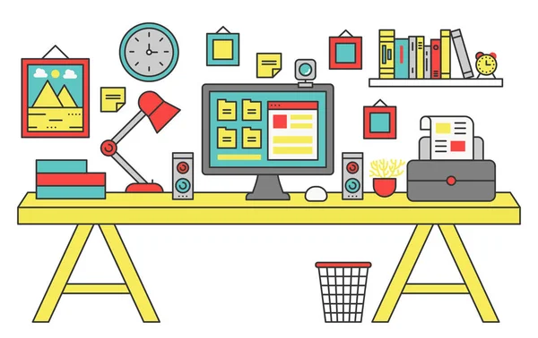 Illustrazione vettoriale di un computer posto su una scrivania di un ufficio. Stile linea di colore piatto . — Vettoriale Stock