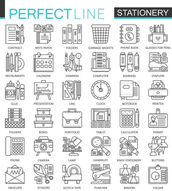 Ofis Kırtasiye anahat kavramı sembolleri. Mükemmel ince çizgi simgeler. Modern kontur doğrusal stil illüstrasyonlar ayarla.