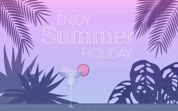 Vector illustration of glass of alcohol cocktail in evening and palm leaves with enjoy summer holiday text. — Stock Vector