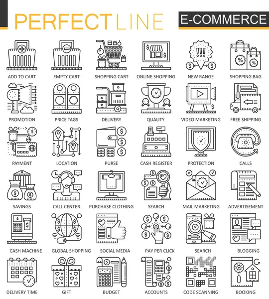 El trazo de comercio electrónico esboza símbolos conceptuales. Iconos de línea delgada perfecta. Compras Modernas ilustraciones de estilo lineal conjunto . — Vector de stock