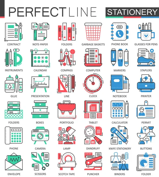 Büroschreibwaren - moderne flache Konzeptsymbole. Farbige Umrisse Stil Illustrationen gesetzt. — Stockvektor