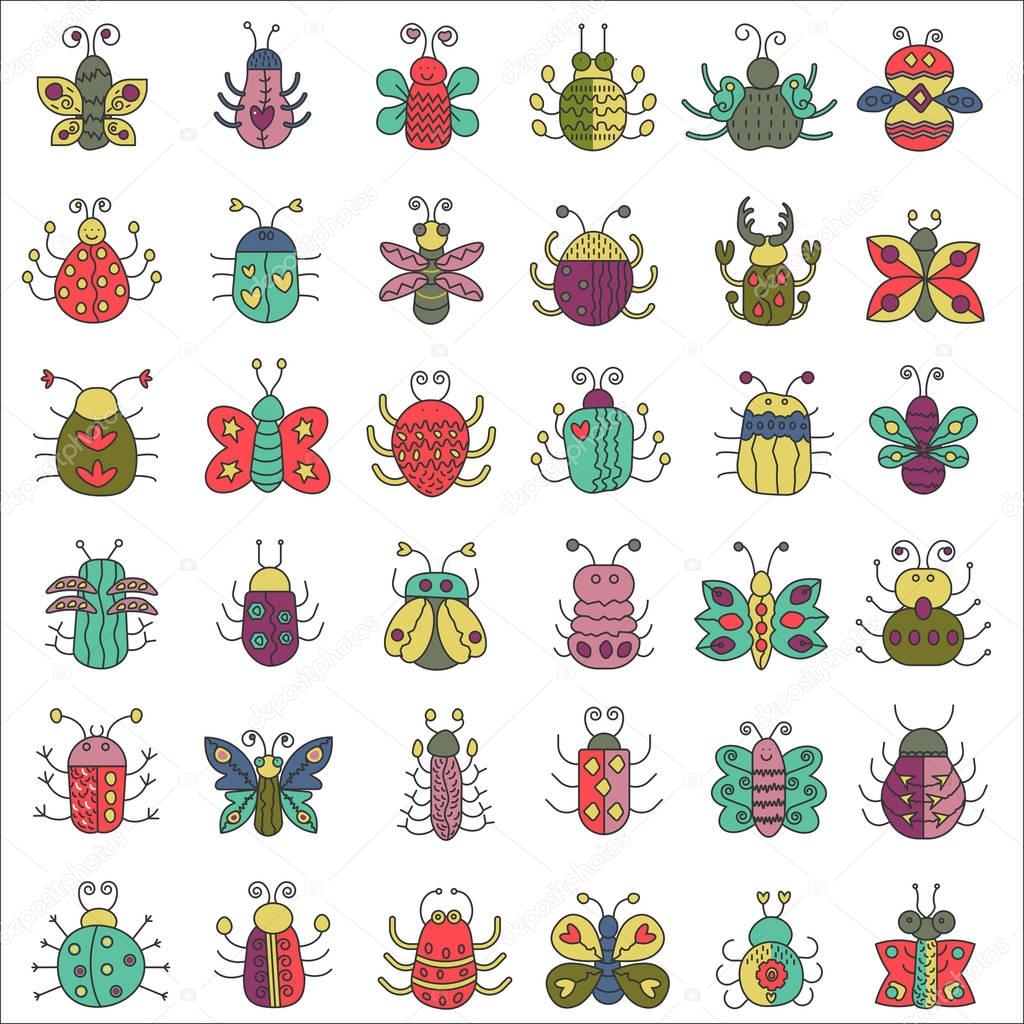 Color flat line insects icons set. Butterfly, bugs collection.