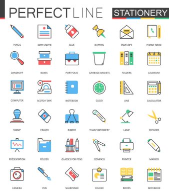 Ofis Kırtasiye. Çağdaş düz çizgi tasarım vektör simgeler.