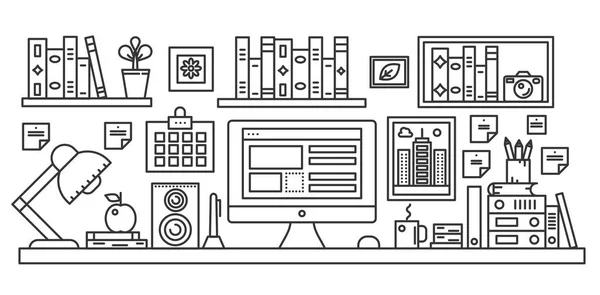 Mesa de escritório linear com espaço de trabalho de computador e outros equipamentos em ilustração de interiores de escritório. Modelo de banner de web de linha fina . —  Vetores de Stock