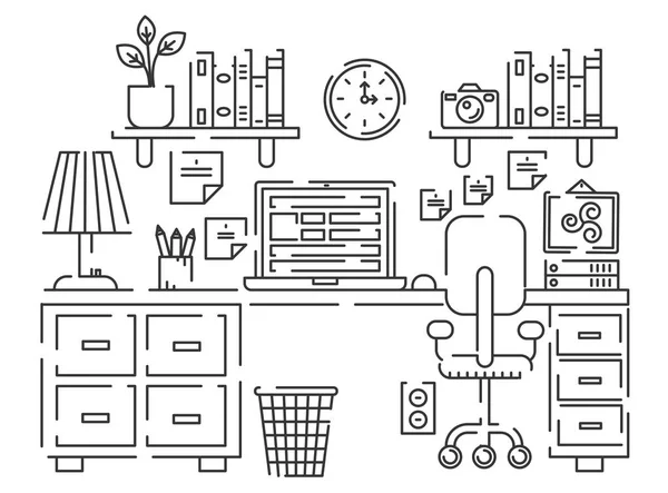 Ilustração vetorial da tabela de linhas rasgadas com computador. Esboço estilo traço . — Vetor de Stock