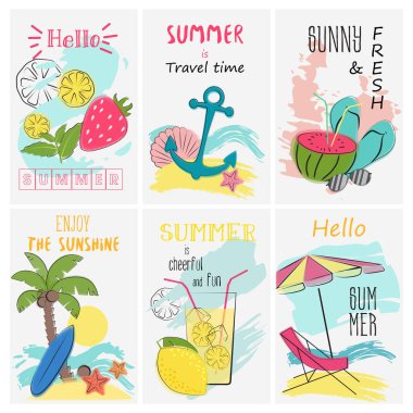 Yaz tatili poster seti tatil. Tebrik ve yazı davetiye. Tropikal tatil vektör çizim.