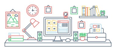 Siyah çizgi tek renkli Ofis Masası bilgisayar ile vektör Illustration. Renkli Anahat stili.