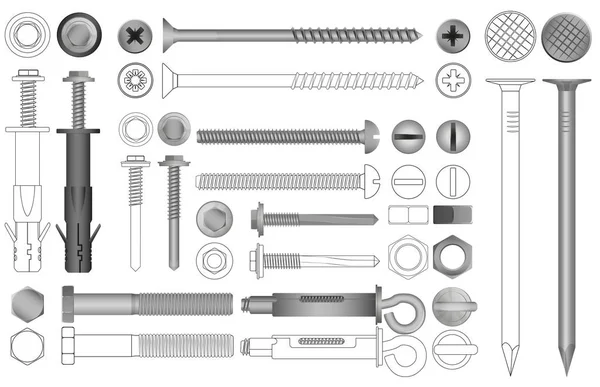 Vector set of realistic and line nuts, bolts, screws and rivets. — Stock Vector