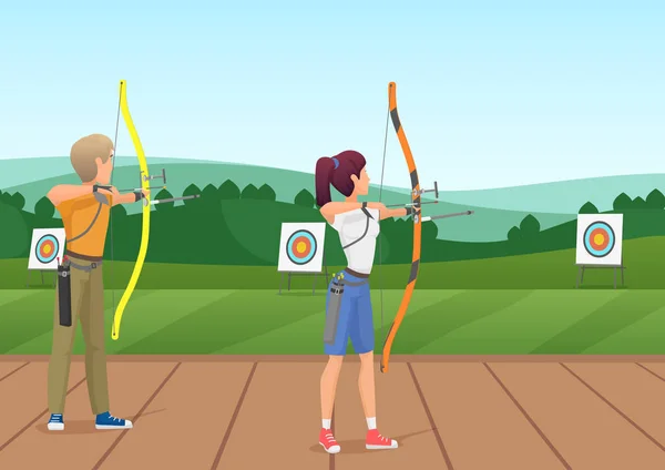 Homme et femme debout avec des arcs et visant l'illustration vectorielle cible . — Image vectorielle