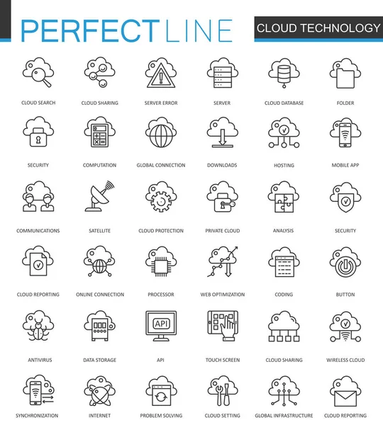 Cloud Data Technology Services Thin Line Web Icons gesetzt. Verbindungsumriss Design des Schlaganfallsymbols. — Stockvektor