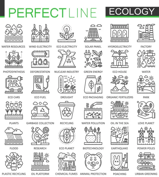 Tecnologia ecológica delinear símbolos conceituais. Ícones de linha fina perfeitos. Conjunto de ilustrações de estilo linear de curso moderno . —  Vetores de Stock