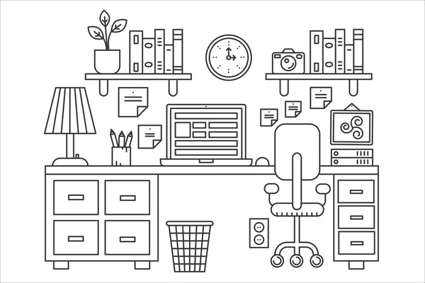 Ilustração vetorial de linha preta mesa de escritório de cor única com computador. Estilo esboço . — Vetor de Stock