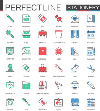 Ofis Kırtasiye. Çağdaş düz çizgi tasarım vektör simgeler.