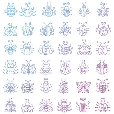 İnce çizgi böcekler Icons set. Renk kontur anahat kelebek, hata koleksiyonu.