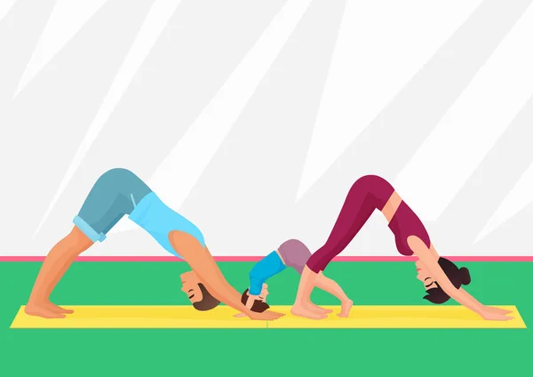 I genitori con bambino fanno vari esercizi di yoga. Illustrazione vettoriale di yoga familiare . — Vettoriale Stock