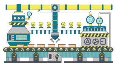 Sanayi konveyör kayışı çizgi düz vektör çizim. Konveyör süreci üretim, makine robot ile konveyör.
