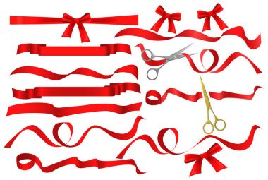 Metal chrome and golden scissors cutting red silk ribbon. Realistic opening ceremony symbols Tapes ribbons and scissors set. Grand opening inauguration event public ceremony. clipart