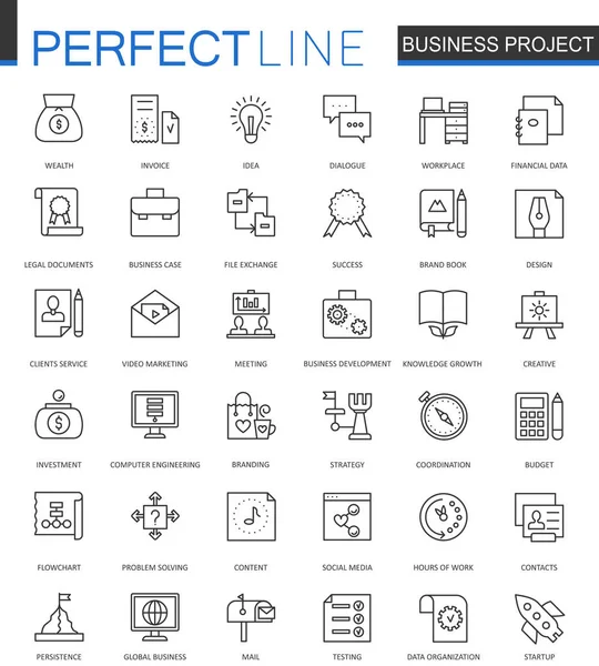 Proyecto de negocio conjunto de iconos web de línea delgada. Gestión de la estrategia Diseño de ícono de trazo . — Archivo Imágenes Vectoriales