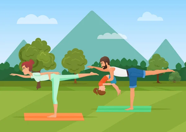 Los padres con niña niño hace yoga varios ejercicios. Ilustración del vector yoga familiar . — Vector de stock