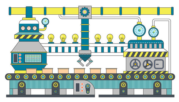 Industrial conveyor belt line flat vector illustration. Conveyor process production, conveyor with machinery robot.