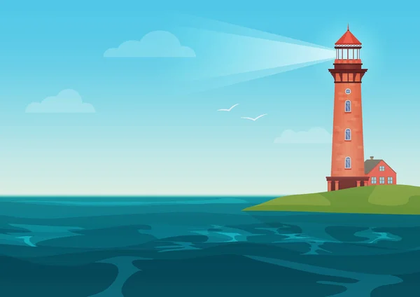 Faro sul paesaggio dei cartoni animati dell'isola. Faro in oceano per l'illustrazione vettoriale di navigazione . — Vettoriale Stock